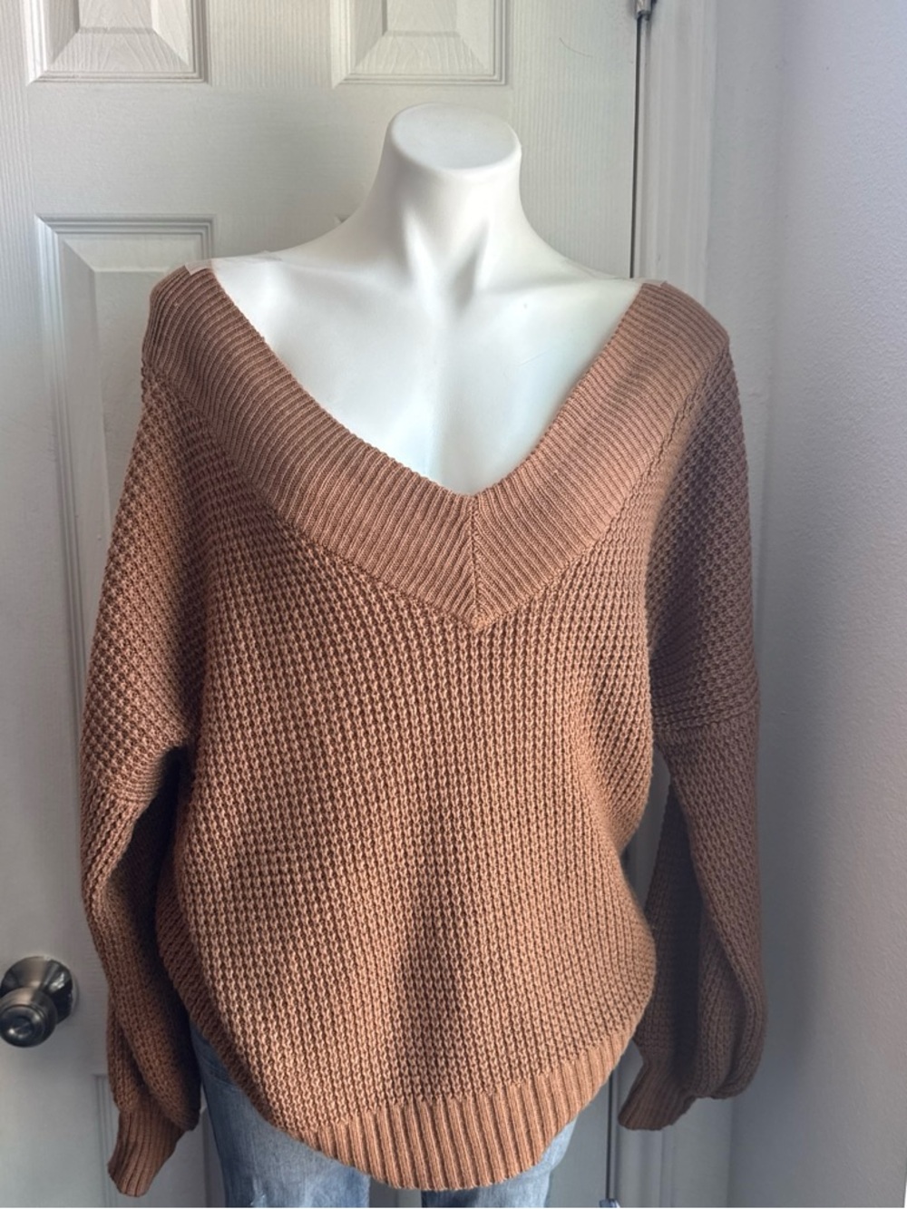 Zenana Outfitters Off-the-Shoulder V-Neck Sweater in Brown